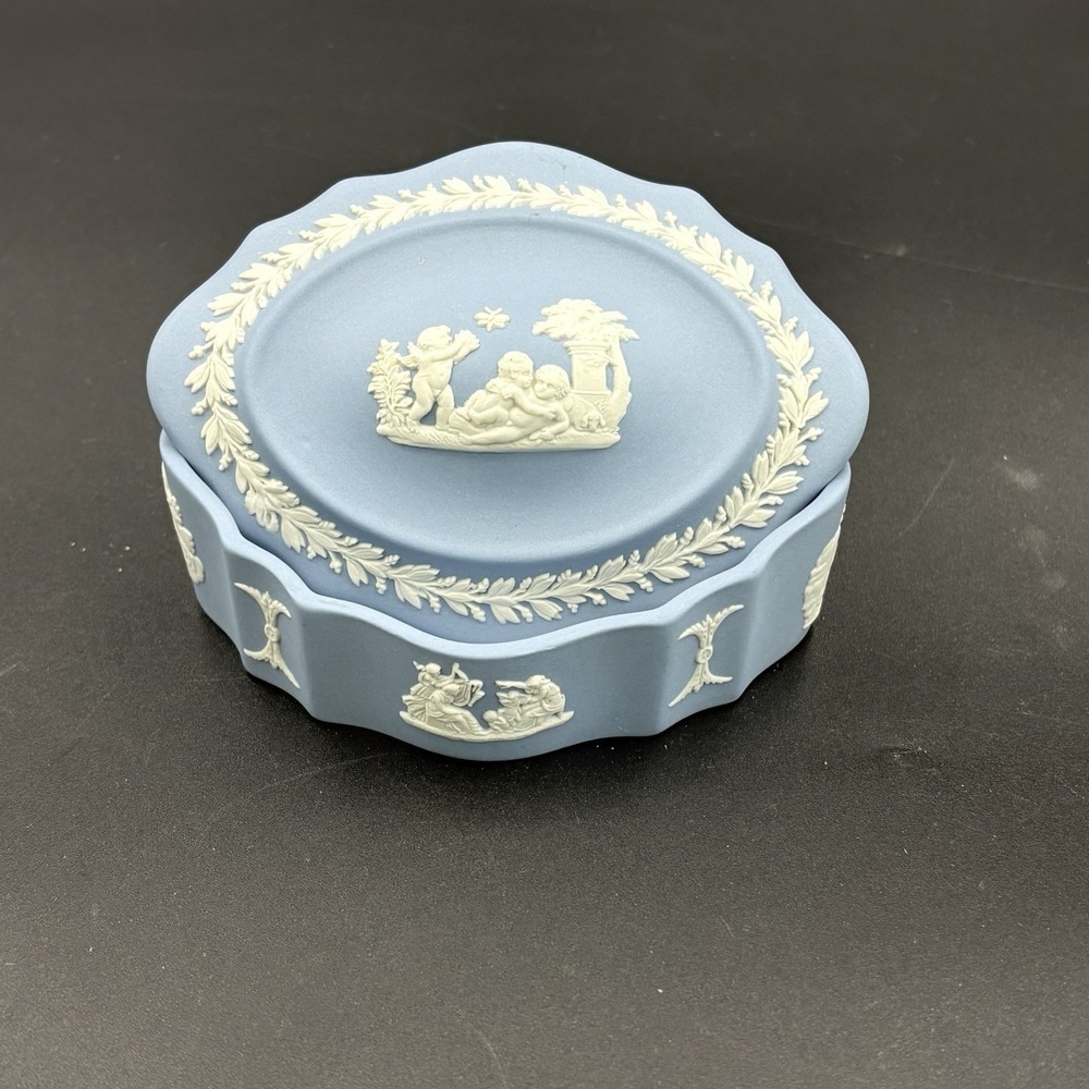 Wedgwood Blue Jasperware Oval Cherub Trinket Box Made in England